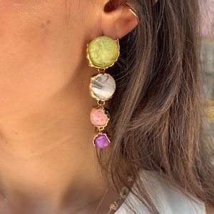 Colorful Gemstone Drop Earrings: Gold Plated Statement Jewelry