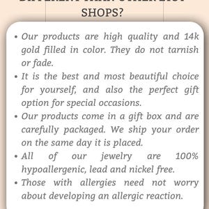 May include: Text on a cream-colored background reads "WHAT MAKES OUR PRODUCTS DIFFERENT THAN OTHER ETSY SHOPS?" followed by bullet points describing product quality, gift packaging, and hypoallergenic materials. The Etsy shop URL is at the bottom.