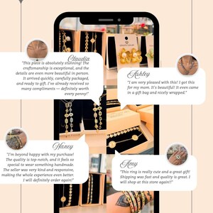 May include: A promotional image featuring customer reviews for jewelry. The image displays a phone screen showcasing positive testimonials about the craftsmanship, quality, and gift-worthiness of the products. The background is a soft beige.