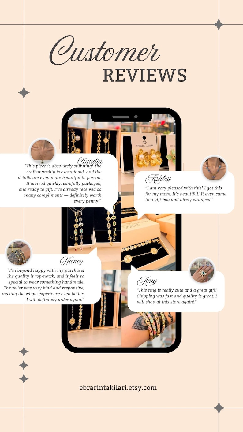 May include: A promotional image featuring customer reviews for jewelry. The image displays a phone screen showcasing positive testimonials about the craftsmanship, quality, and gift-worthiness of the products. The background is a soft beige.