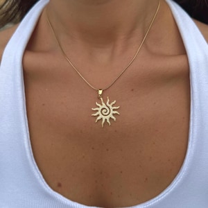 14k Gold Sun Pendant Necklace with CZ Stones, Celestial Spiral Jewelry for Women