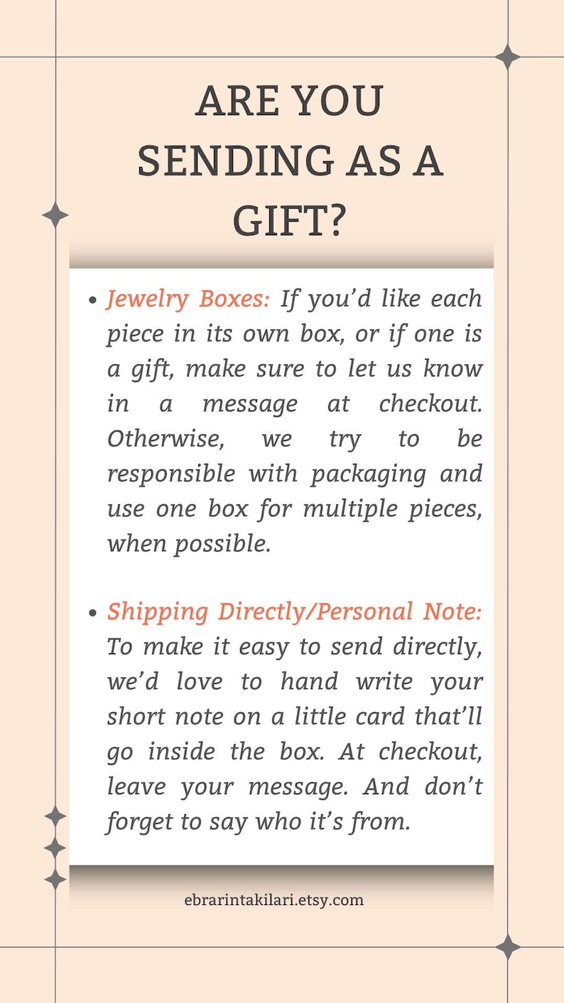May include: A beige graphic with the text "ARE YOU SENDING AS A GIFT?" and information about gift options. The text includes details about jewelry boxes and personal notes for direct shipping.