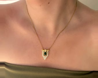 Emerald Green CZ Pendant Necklace – Gold Plated Geometric Statement Jewelry for Women