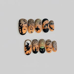 Handmade Halloween Press On Nails: Ghosts, Pumpkins & Bats