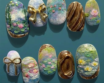 Water Lilies Press-On Nails – 3D Gold Ribbon, Impressionist Art