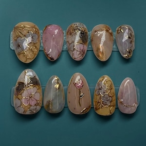 Handmade Japanese Zen Garden Press On Nails | Luxury 3D Gold Kintsugi & Cherry Blossom Art | Ethereal Coquette Aesthetic - Watercolor Nails