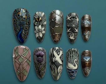 Hand-Painted Peacock Press-On Nails – Arts & Crafts Vintage Style