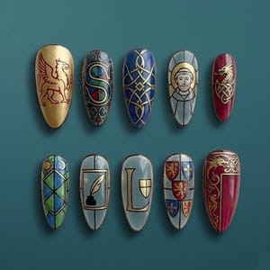 May include: A collection of ten intricately designed nail art pieces. Each nail features a unique design, including a golden griffin, Celtic knots, and heraldic symbols. The color palette includes gold, red, blue, and green, set against a teal background.