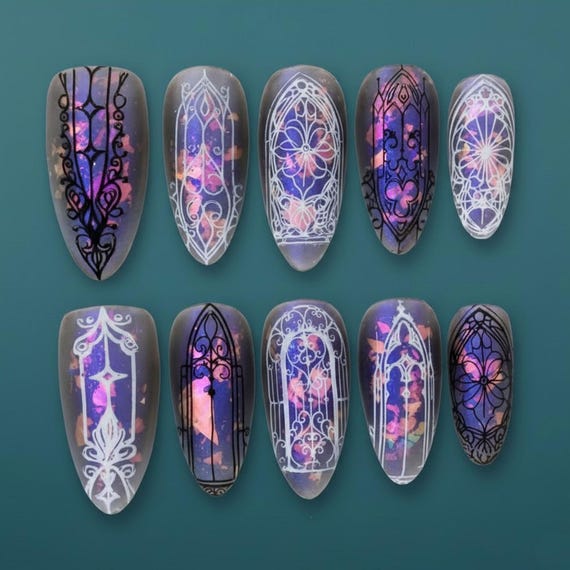 Gothic Stained Glass Press On Nails with Opal Foil | Cathedral Window Fake Nails in Almond Shape | Handmade Dark Academia Mystical Art