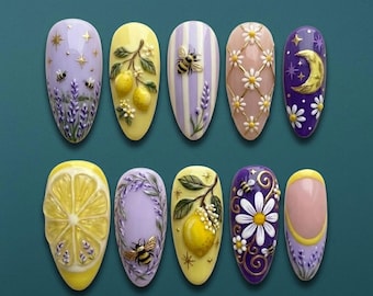 Handmade Lavender & Lemon Press On Nails | 3D Honey Bee, Daisy,  Celestial Moon Designs