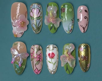 Art Nouveau Press-On Nails – Floral Stained Glass, 3D Flowers
