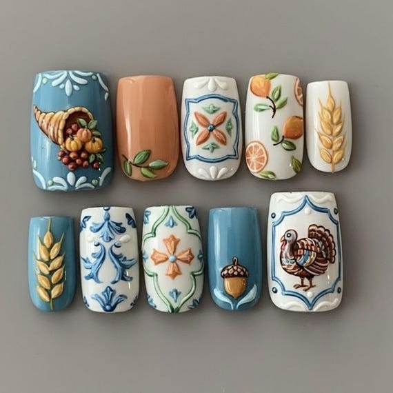 20 Thanksgiving Nail Ideas for a Festive Fall Manicure 3 Blue Harvest Tiles