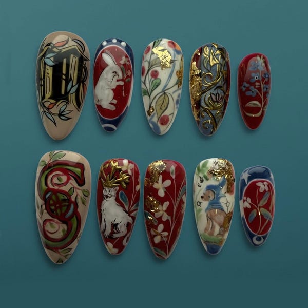 Handmade Medieval Press On Nails | Gilded Rabbit, Cat & Hound Art