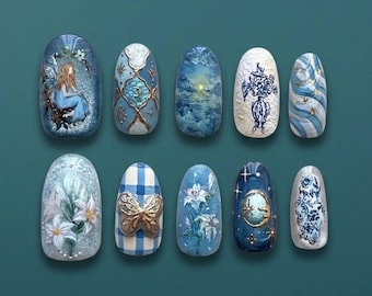 Handmade Ethereal Fairy Press On Nails | Luxury 3D Silver Celestial & Butterfly Art | Fairycore Aesthetic - Blue Porcelain Fake Nails