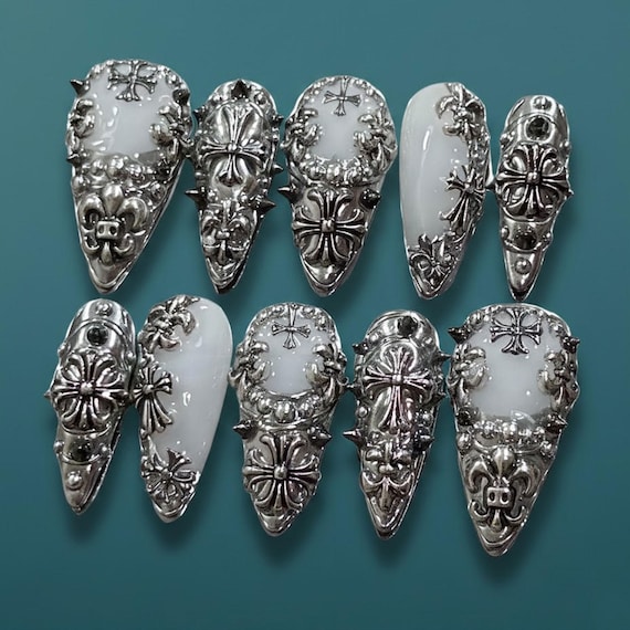 3D Chrome Hearts Press On Nails | Gothic Stiletto Fake Nails