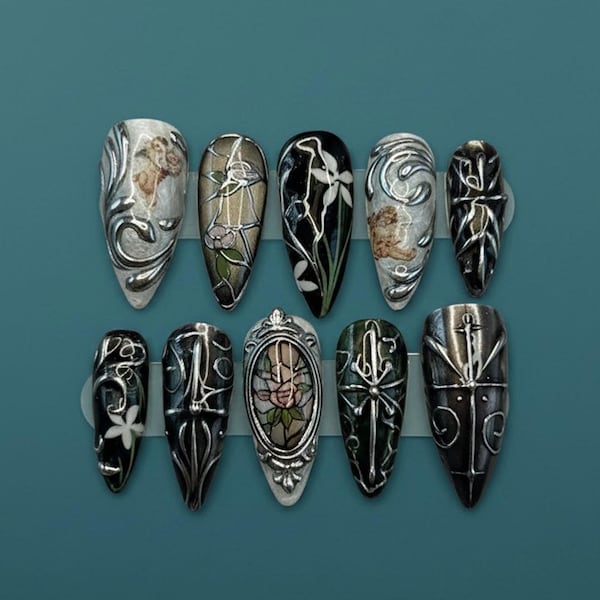 Medieval Gothic Mirror Press-On Nails – 3D Silver Baroque Frame & Rose Art, Hand-painted Cherubs and Dark Stained Glass Motif Set