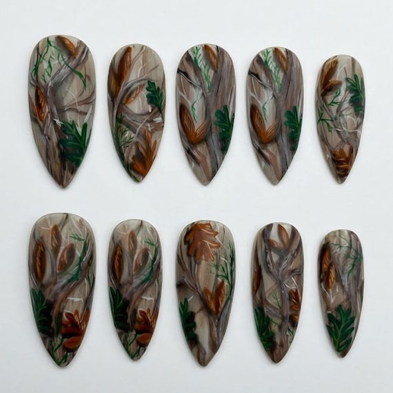 20 Fall Nail Ideas With Leaves, Plaid and Cozy Colors 2 Woodland Camouflage