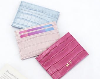 Tarjetero de piel de cocodrilo personalizado, billetera delgada con relieve personalizado, billetera minimalista, regalo para él o ella.