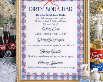 Letrero de menú de Dirty Soda Bar / Recetas de bebidas para fiestas con estampado de cuadros (Descarga digital)