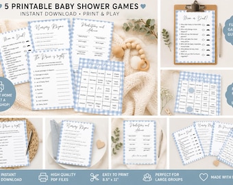 Blue Gingham Baby Shower Games Bundle | 5 Printable Games (Instant Download PDF)