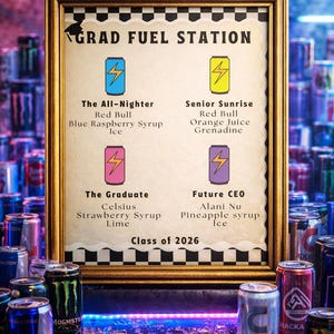 以下が含まれることがあります： 「GRAD FUEL STATION」と書かれた金色のフレームの看板。4つのドリンクレシピがあり、様々なエナジードリンク缶に囲まれています。「The All-Nighter」や「Senior Sunrise」などのレシピが含まれています。「Class of 2026」の文字も表示されています。