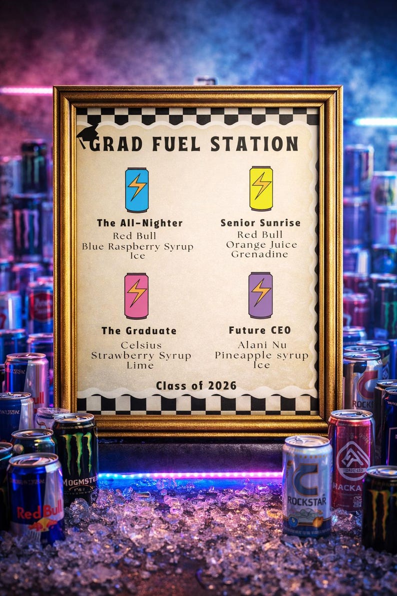 Puede incluir: Un letrero enmarcado en oro que dice "GRAD FUEL STATION" con cuatro recetas de bebidas, rodeado de varias latas de bebidas energ&eacute;ticas. El letrero incluye recetas como "The All-Nighter" y "Senior Sunrise". El texto "Class of 2026" tambi&eacute;n es visible.