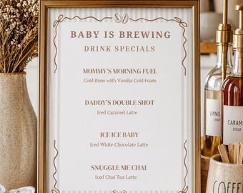 Baby Is Brewing Coffee Menu, Baby Shower Drink Specials Sign (Digital Download)