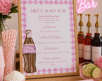 Dirty Soda Bar Menu Sign | Pink Checkered Recipes | Baby Shower Decor (Digital Download)