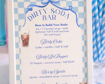 Letrero de menú de Dirty Soda Bar / Recetas de bebidas para fiestas a cuadros azules (Descarga instantánea)