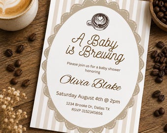 Coffee Baby Shower Invitation, A Baby Is Brewing, Editable Canva Template (Digital Download)