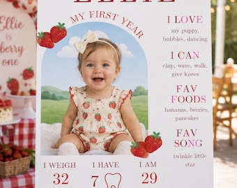 Berry First Birthday Milestone Poster, Editable Strawberry First Birthday Sign, 1st Birthday Photo Poster, Berry First Birthday Template