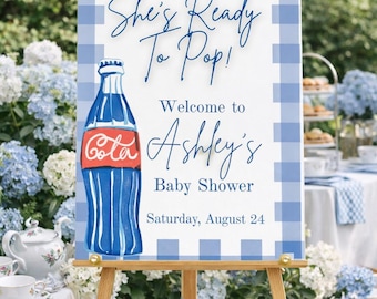 She's Ready to Pop – Baby Shower Welcome Sign | Soda Theme, Blue Gingham (Canva Template)