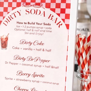 May include: A framed sign with the text "DIRTY SODA BAR" in red, with instructions and recipes for soda drinks. The sign is in a white frame, with red and white checkered patterns. Red and white striped straws are in a glass jar.