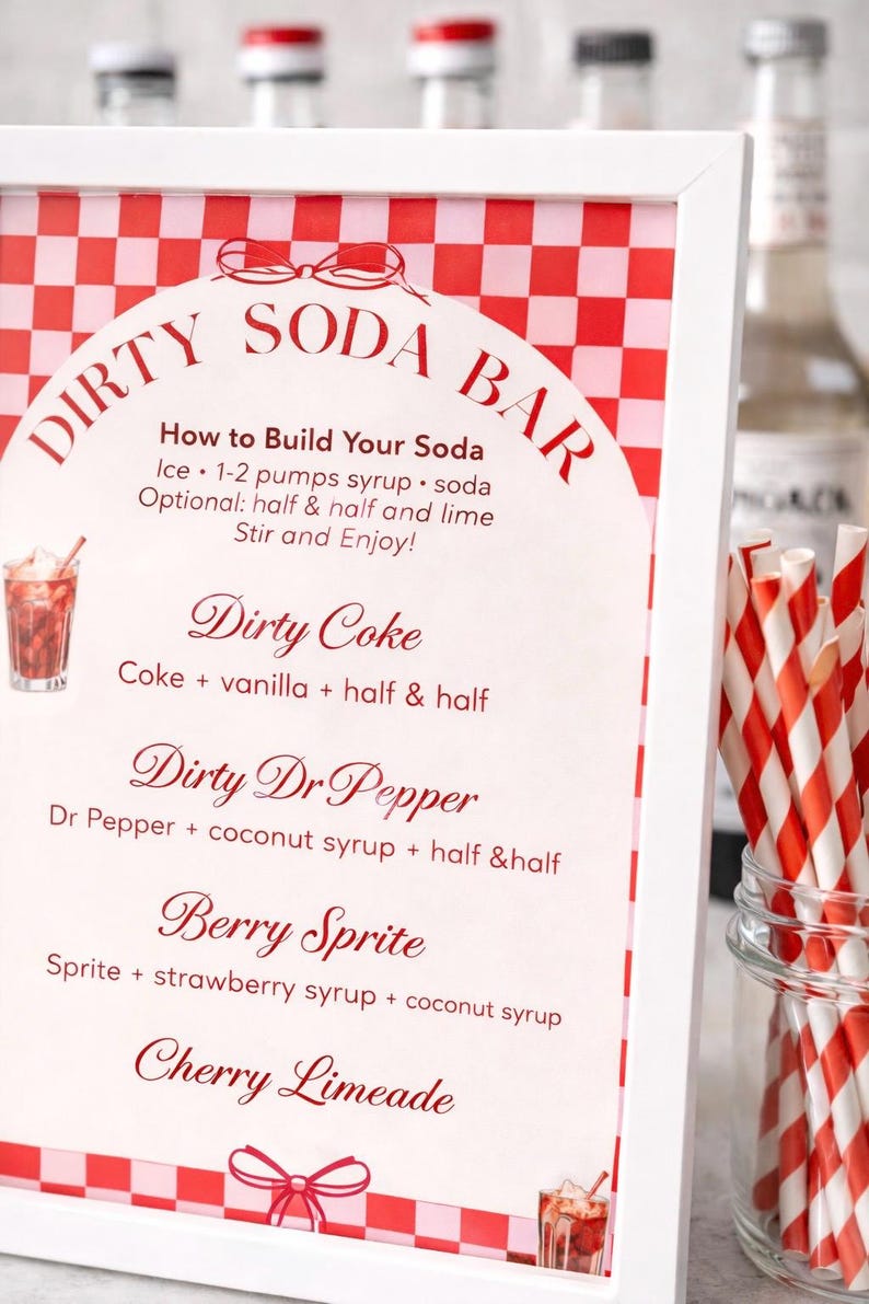 May include: A framed sign with the text "DIRTY SODA BAR" in red, with instructions and recipes for soda drinks. The sign is in a white frame, with red and white checkered patterns. Red and white striped straws are in a glass jar.