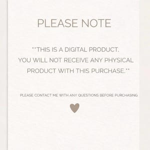 Puede incluir: Una tarjeta beige con el texto "PLEASE NOTE" en la parte superior. El texto a continuaci&oacute;n dice: "THIS IS A DIGITAL PRODUCT. YOU WILL NOT RECEIVE ANY PHYSICAL PRODUCT WITH THIS PURCHASE." Un icono de coraz&oacute;n en la parte inferior.