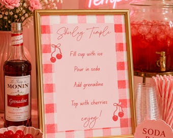 Shirley Temple Soda Bar Sign, Pink Retro Birthday Party Decor (Editable Canva Template)