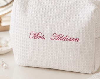 Personalized Waffle Makeup Bag - Custom Embroidered Mrs Last Name Spa Bag - Monogrammed Cosmetic Pouch - Bridal/ Bridesmaid Gift