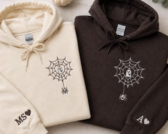 Embroidered Spider Web Heart Halloween Hoodie - Matching Hoodies for Couples - Personalized 1st Anniversary Gift for him Her - Spooky Season