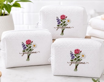 Custom Embroidered Birth Month Flower Makeup Bag - Personalized Floral Grandma Cosmetic Bag - Nana Toiletry Bag - Gigi Birthday Travel Pouch