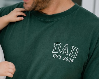Varsity Embroidered Custom Shirt for Dad - Dad EST 2026 Tshirt with Kids Name - Comfort Colors New Dad Gift - Pregnancy Reveal