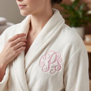 May include: Cream-colored plush robe with a shawl collar and embroidered pink monogram. The robe is made of a soft, fluffy material, perfect for lounging. The monogram features the letters "PS" in a decorative script.