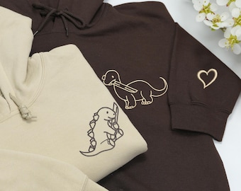 Dinosaure brodé avec couteau assortis pour couple - Sweat à capuche dinosaure pour la Saint-Valentin - Sweat à capuche BF et GF - Cadeau d'anniversaire pour lui, elle