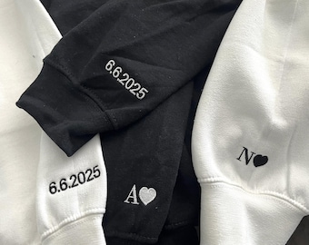 Custom Embroidered Anniversary Sweatshirt: Initials Heart on Sleeve, Matching Couple Hoodie