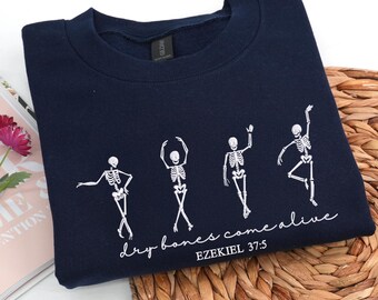 Embroidered Dancing Skeletons Sweatshirt: Personalized Christian Sweatsirt, Bibble Verse, Hallween Gift