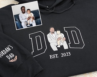 Moletom com capuz personalizado com foto bordada do pai, nome personalizado dos filhos na manga, moletom com retrato de pai e filho, presente de Dia dos Pais da filha