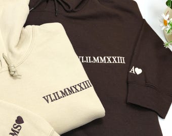 Anniversary Custom Embroidered Roman Numerals Hoodie - Couple Valentine Matching Hoodies - Initials Heart on Sleeve