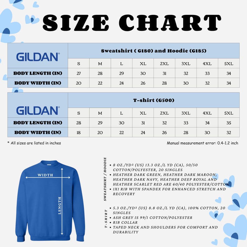 May include: A blue Gildan sweatshirt size chart with measurements in inches. The chart includes body length and width for sweatshirts, hoodies, and t-shirts, ranging from sizes S to 5XL. Fabric details are also listed.