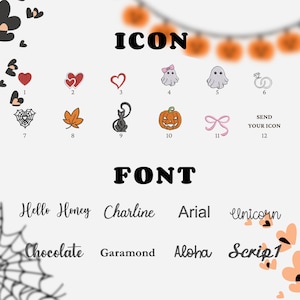 May include: A graphic featuring various icons and font styles. Icons include hearts, a spiderweb, a leaf, a cat, a jack-o'-lantern, a ghost, a bow, and wedding rings. Font styles include Hello Honey, Charline, Arial, and Unicorn.