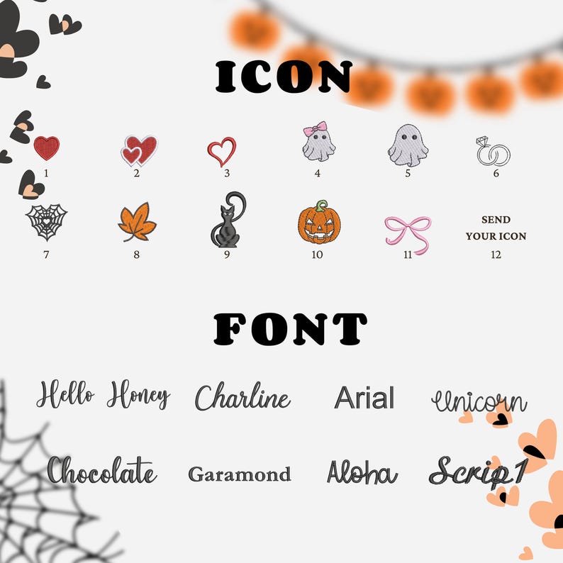 May include: A graphic featuring various icons and font styles. Icons include hearts, a spiderweb, a leaf, a cat, a jack-o'-lantern, a ghost, a bow, and wedding rings. Font styles include Hello Honey, Charline, Arial, and Unicorn.