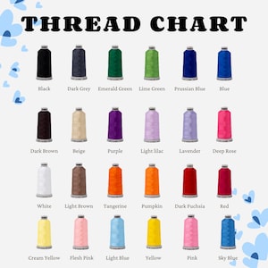 May include: A thread chart displays a variety of thread colors, including black, dark grey, emerald green, and lime green. Other colors include dark brown, beige, purple, light lilac, and lavender. The chart also shows white, light brown, tangerine, pumpkin, dark fuchsia, and red.